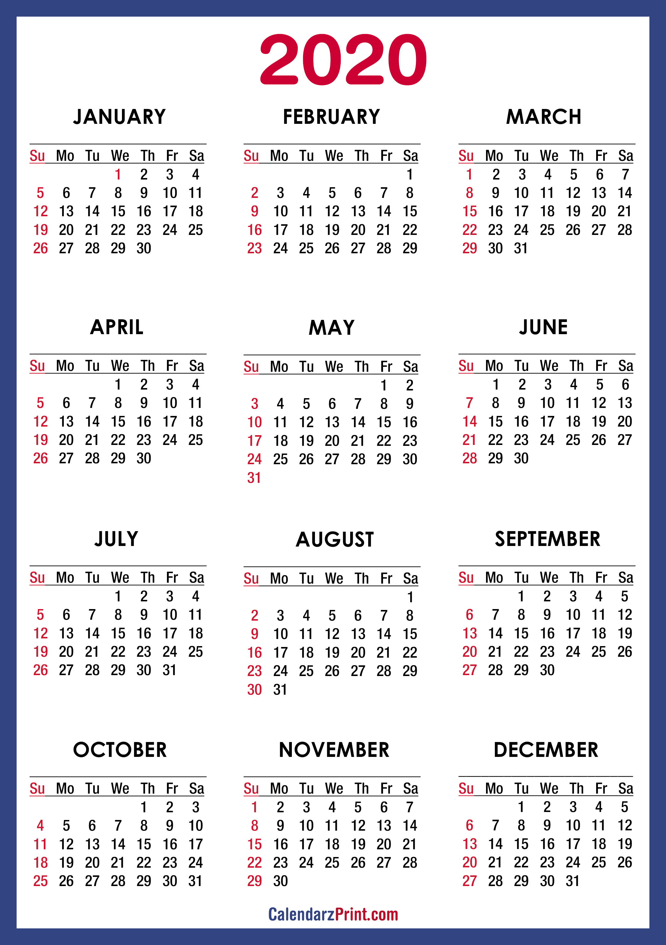 Free Printable 2020 Calendar HD, Blue SS CalendarzPrint Free