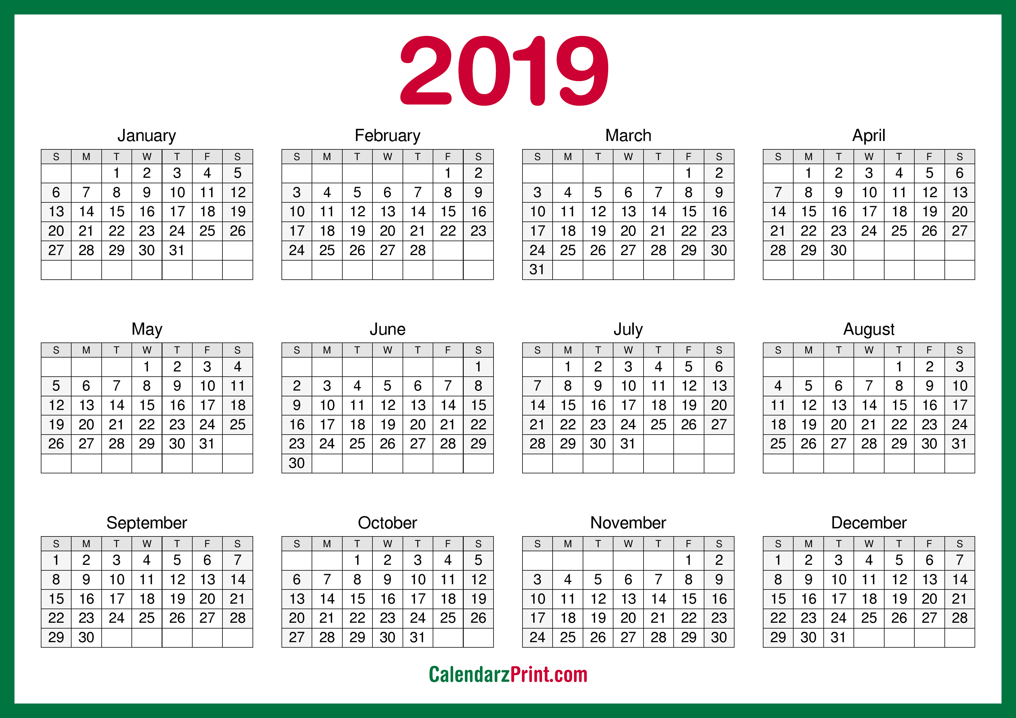 2019 Yearly Calendar Printable - Printable Templates