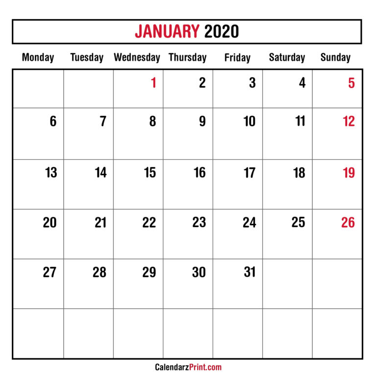 January 2020 Monthly Planner Calendar – Printable Free – Monday Start ...