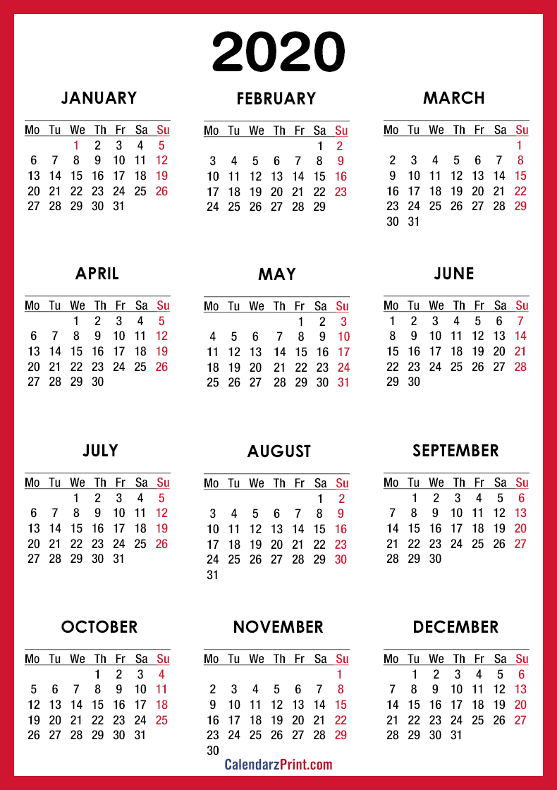 2020 Calendar – Printable Free – Red – Monday Start – CalendarzPrint ...