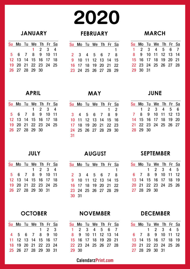 2020 Calendar PDF – Printable, Red, SS – CalendarzPrint | Free ...