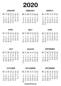 2020 Calendar – Printable Free – White – Monday Start – CalendarzPrint ...