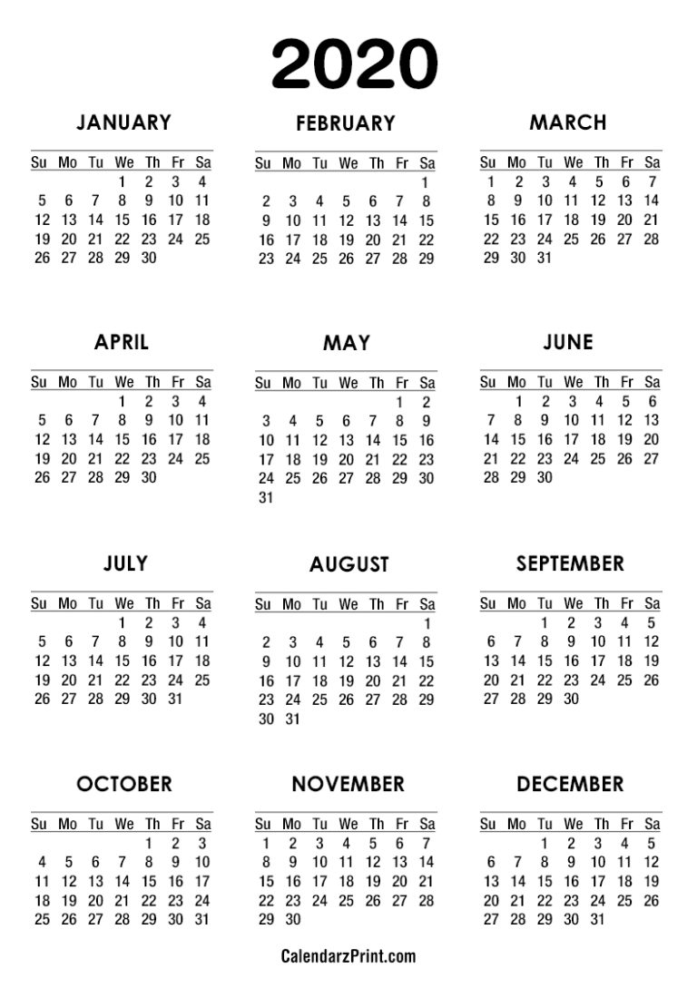2020 Calendar – Printable Free – White – Sunday Start – CalendarzPrint ...