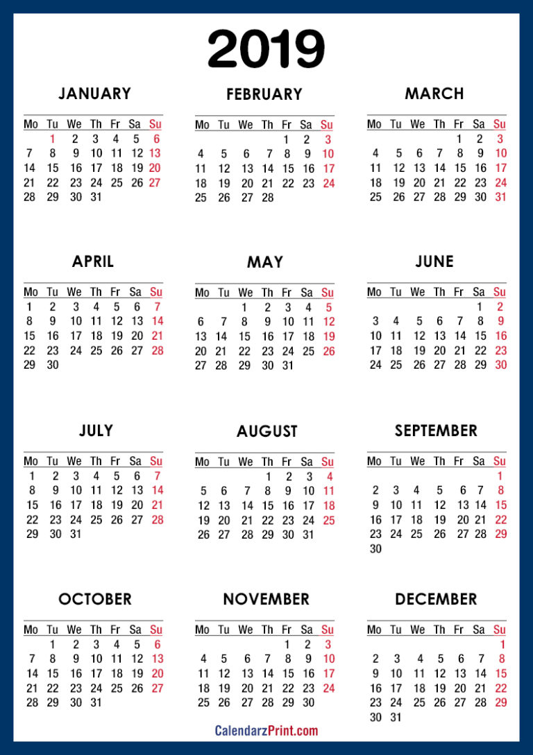 2019 Calendar, Printable, Free, Blue – Monday Start – CalendarzPrint ...