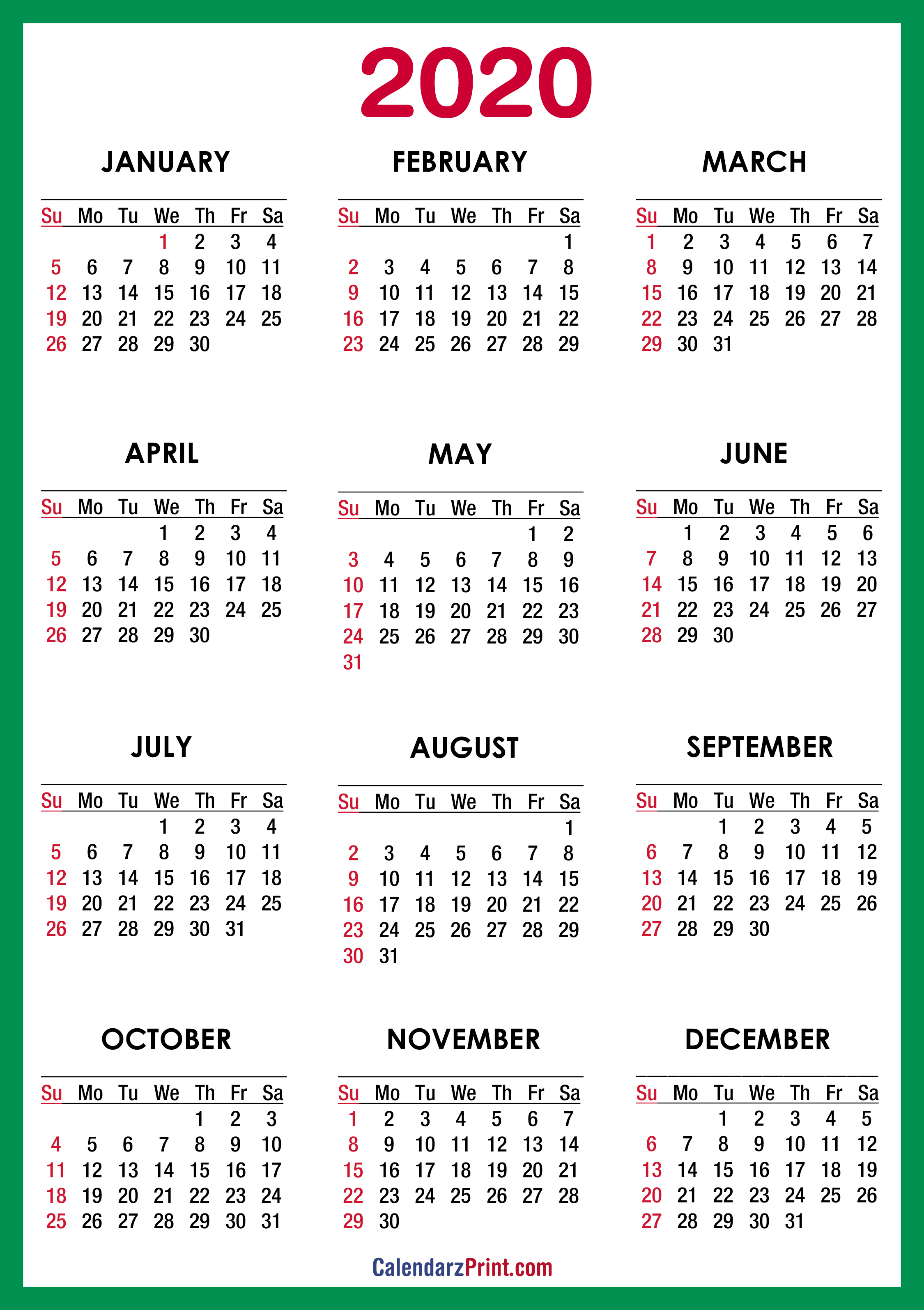 Free Printable 2020 Calendar HD, Green SS CalendarzPrint Free