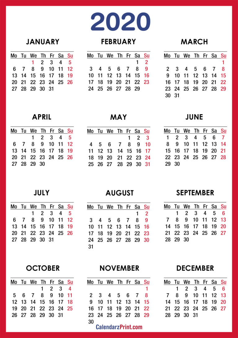 Free Printable 2020 Calendar HD, Red – MS – CalendarzPrint | Free ...