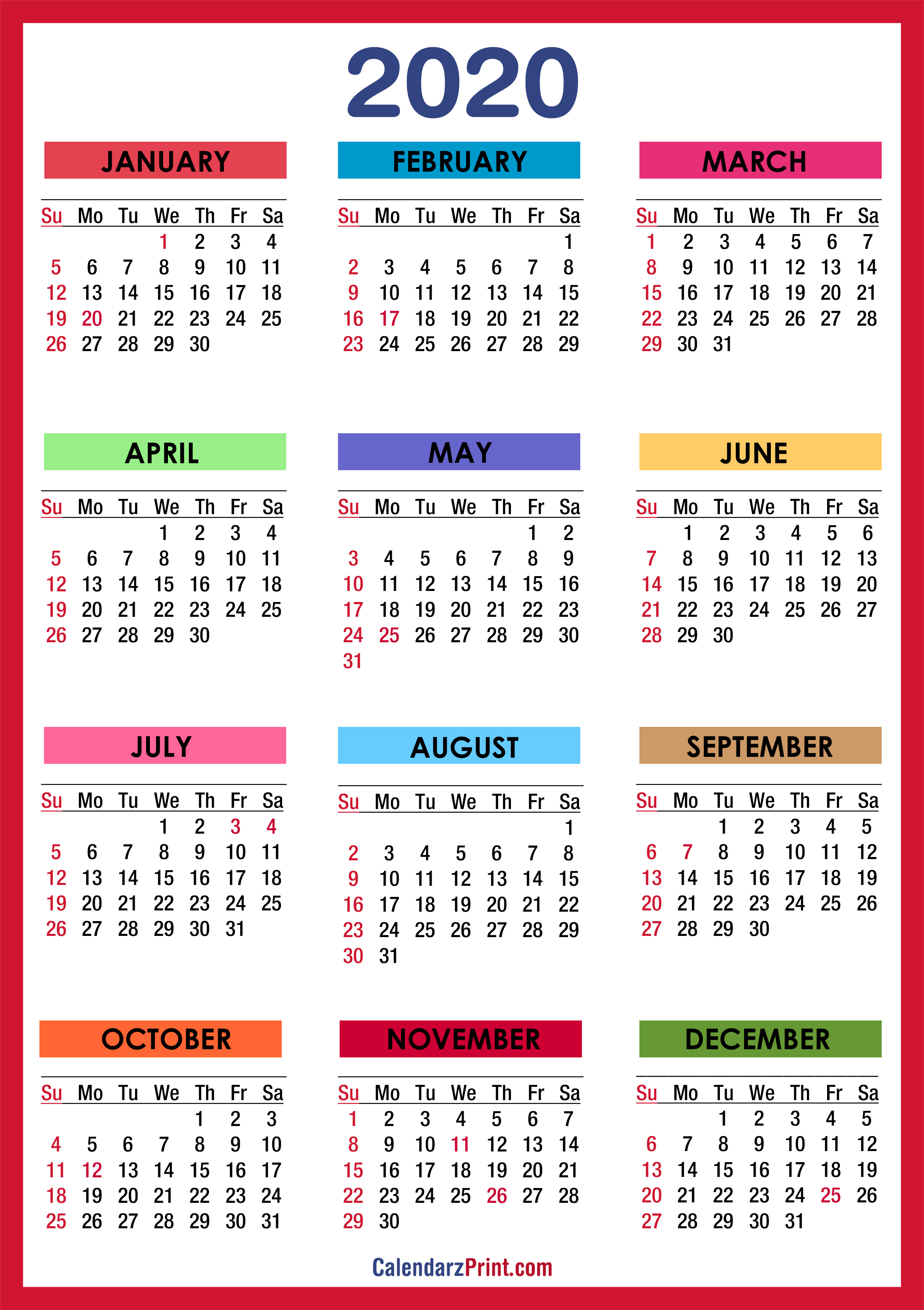 2020 Monthly Calendar Printable Free