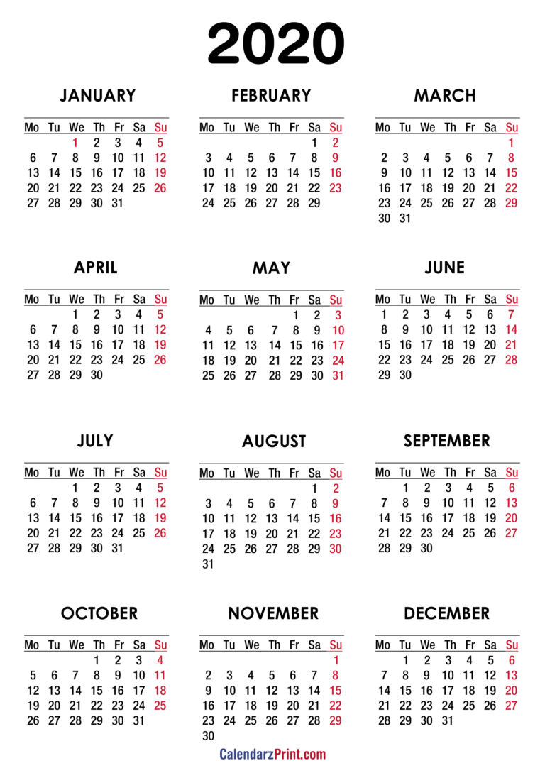 Free Printable 2020 Calendar HD, White – MS – CalendarzPrint | Free ...