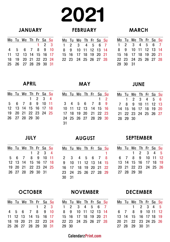 2021 Calendar, A4 Paper Size, Printable Free, White – Monday Start ...