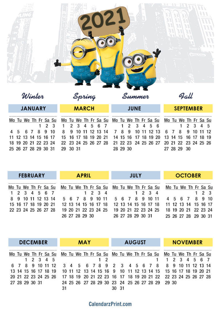 2021 Calendar Printable Free Minions Calendars Monday Start Calendarzprint Free 9677