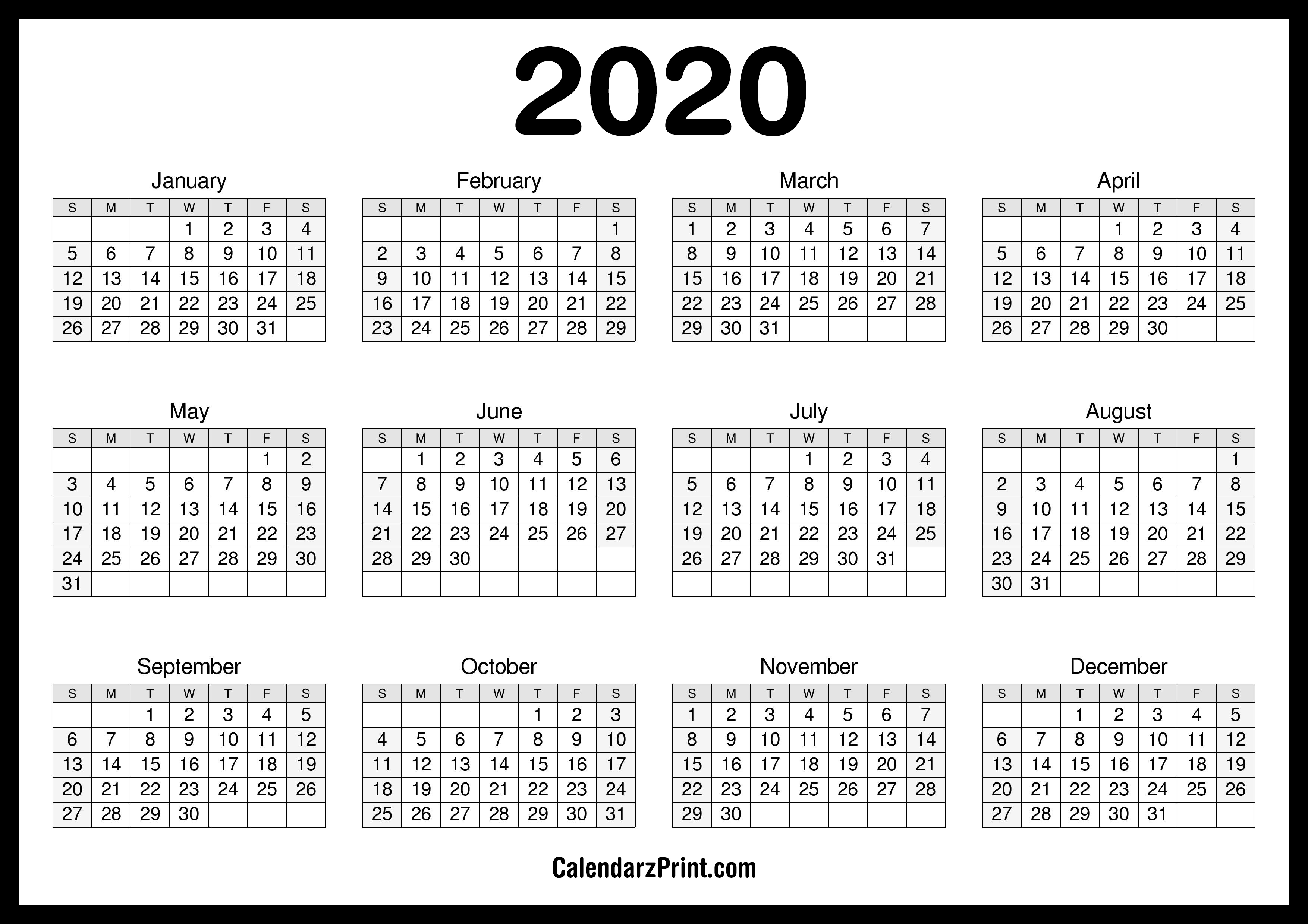 2020 Calendar Printable Free, Horizontal, HD, Black CalendarzPrint