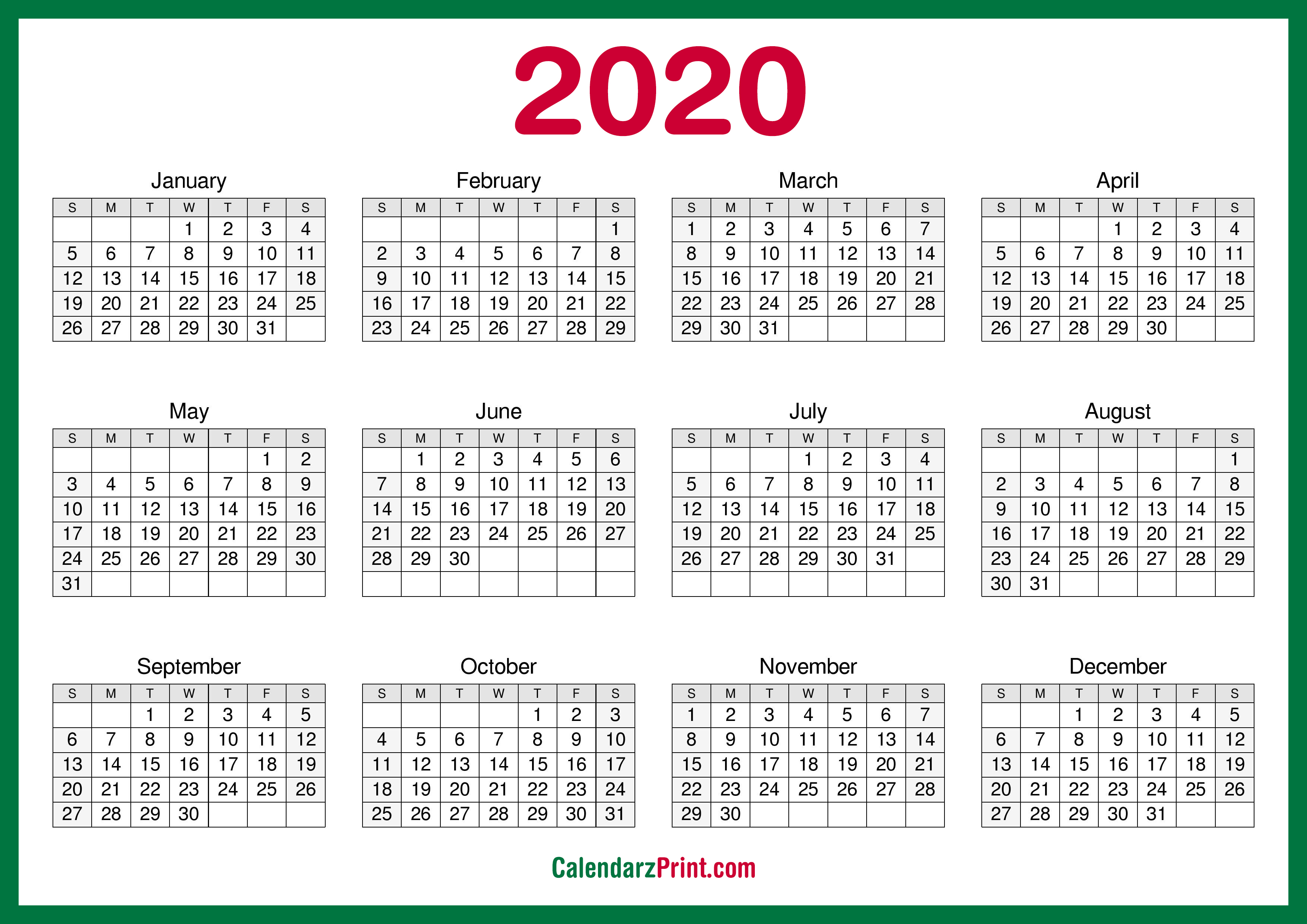 Printable 2020 Calendar – CalendarzPrint | Free Calendars, Printable ...