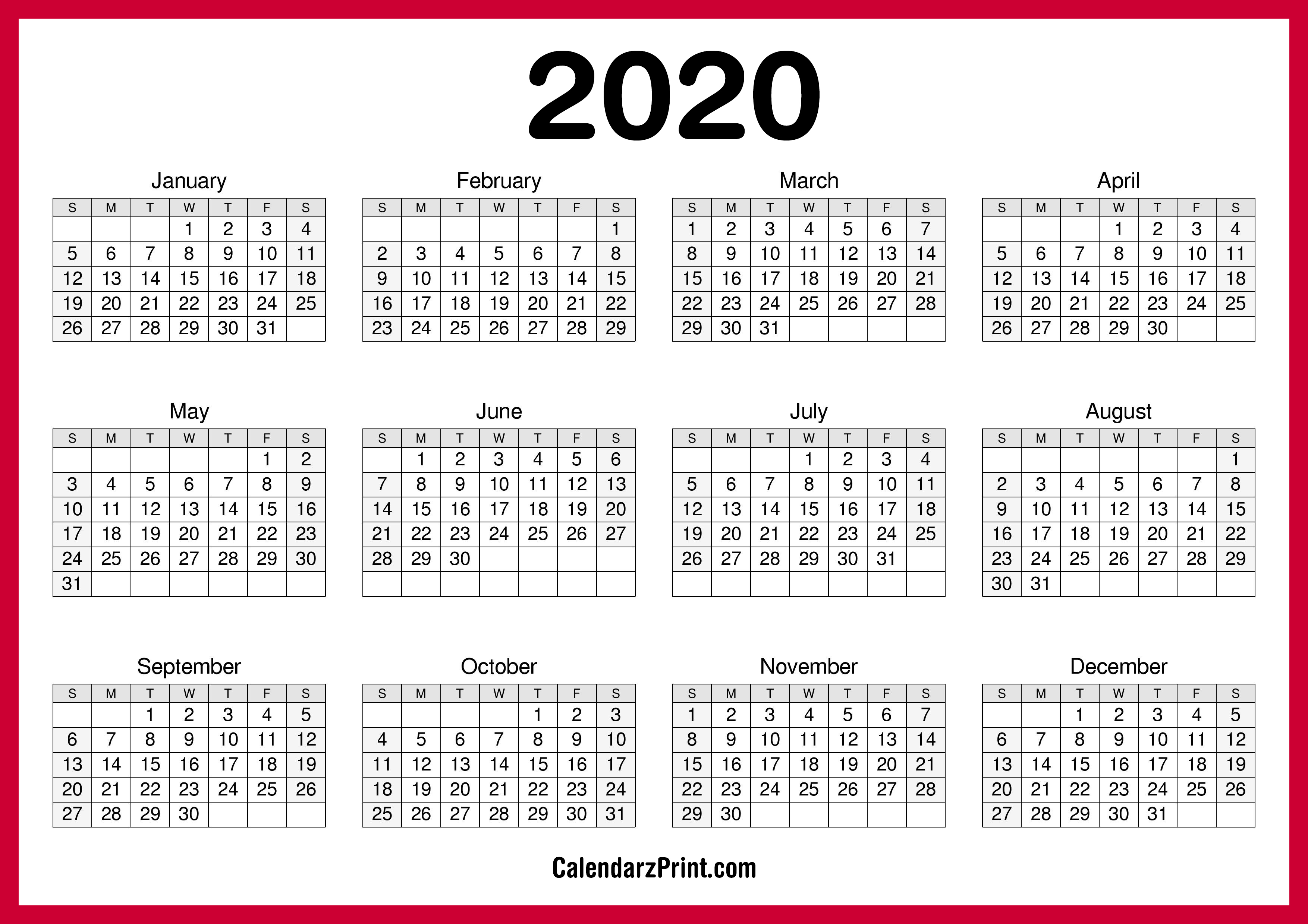 2020 Calendar Printable Free, Horizontal, HD, Red – CalendarzPrint ...