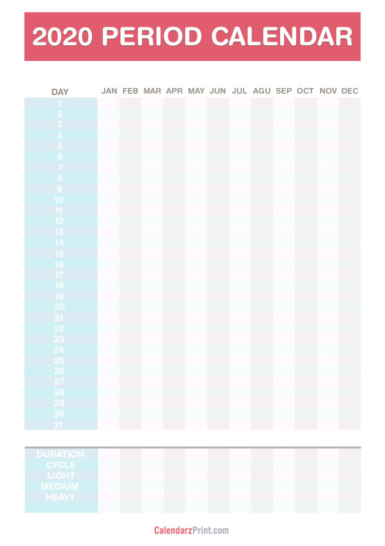 2020 Period Calendar, Free Printable PDF, JPG, Red, Blue