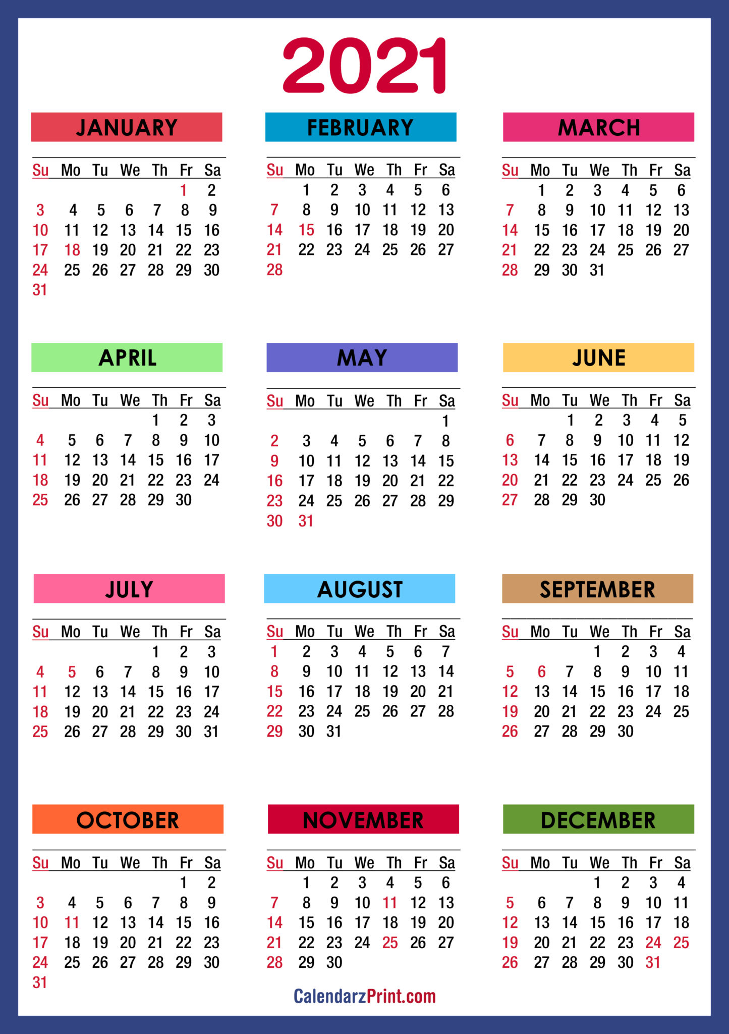 2021 Calendar with Holidays, Printable Free, Colorful, Blue, Green ...