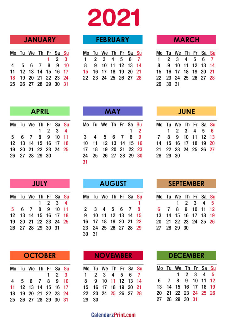 2021 Calendar with Holidays, Printable Free, Colorful – Monday Start ...