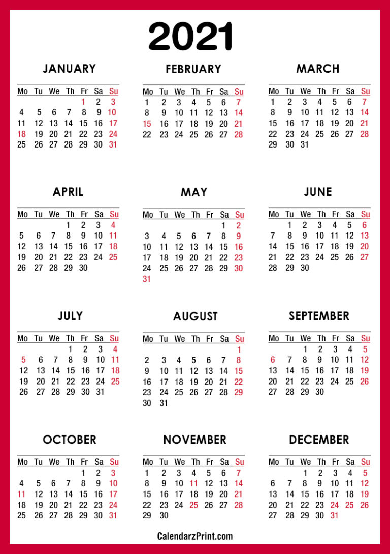 2021 Calendar with US Holidays, PDF – Printable, Red, MS ...