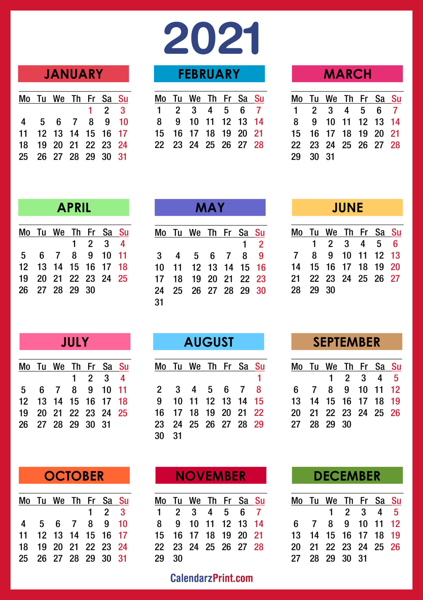 2021 Calendar Printable Free, Colorful, Red, Orange