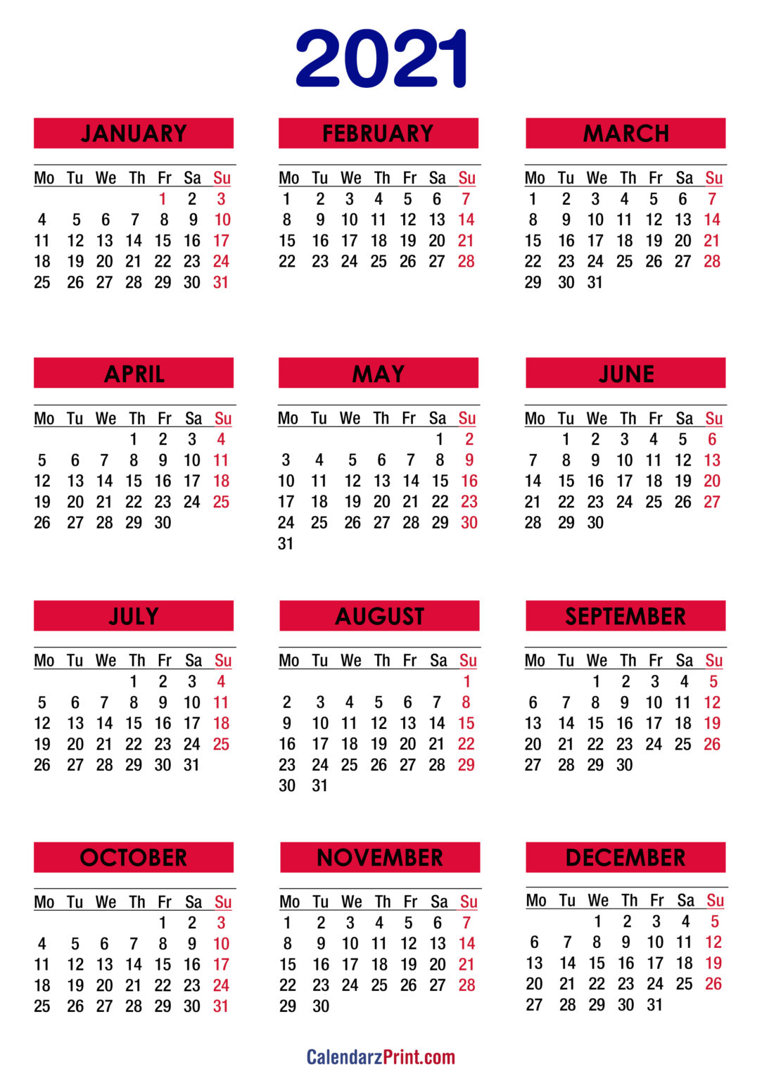2021 Calendar Printable Free Colorful Monday Start Calendarzprint Free Calendars 2435