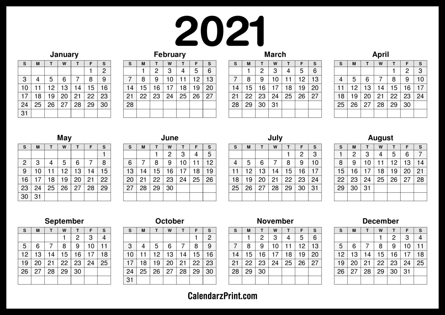 2021 Calendar Printable Free, Horizontal, HD, Black CalendarzPrint
