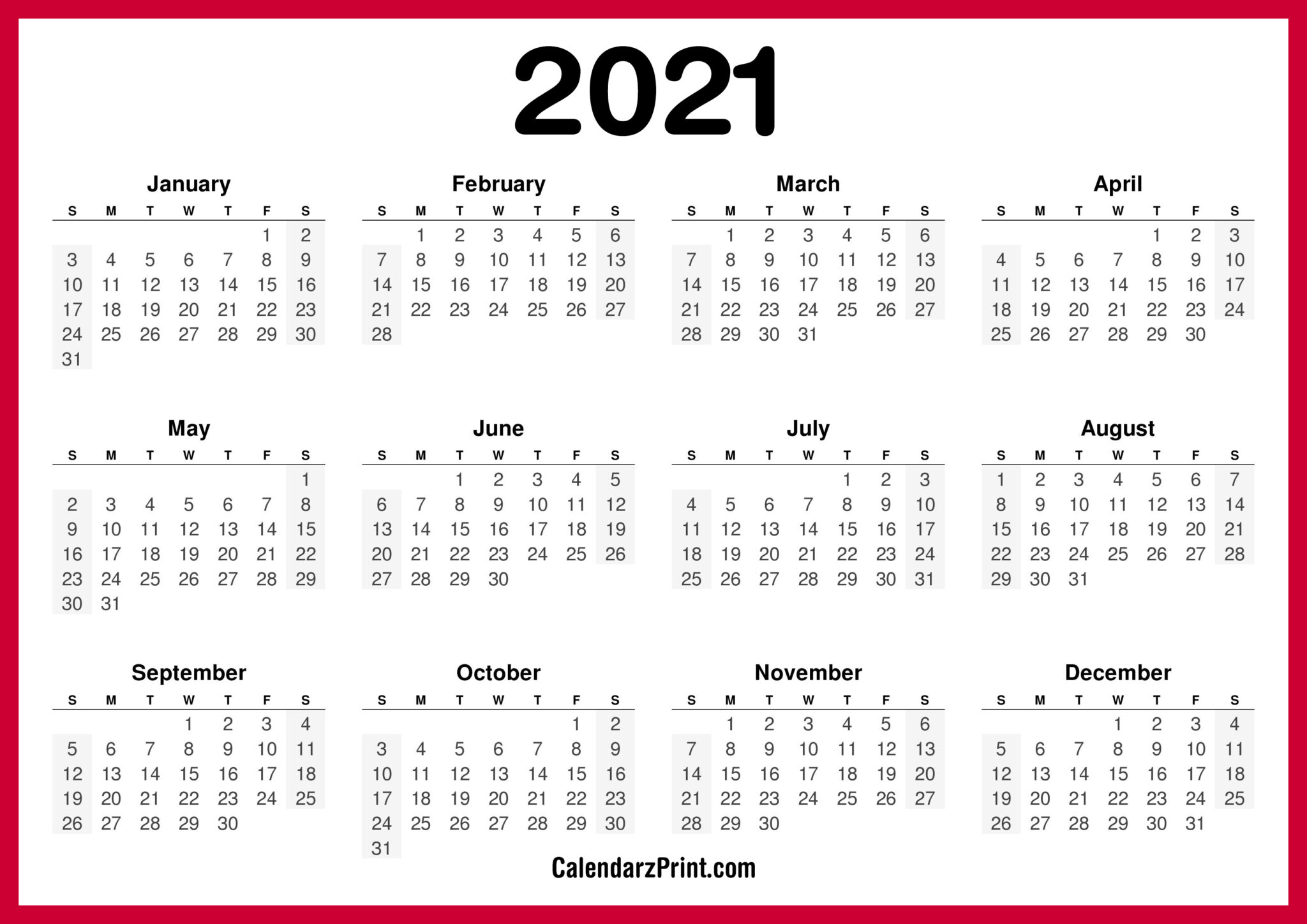 2021 Calendar Printable Free, Horizontal, HD, Red – CalendarzPrint ...